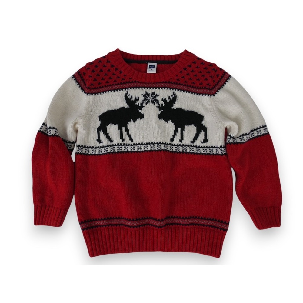 Janie and Jack Boys Christmas Sweater SZ3 Holiday Moose Fair Isle Red White